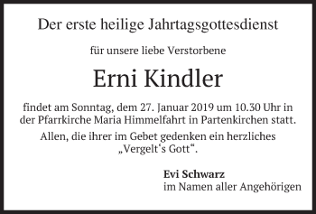 Traueranzeige von Erni Kindler von merkurtz