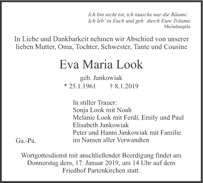  Traueranzeige für Eva Maria Look vom 12.01.2019 aus merkurtz