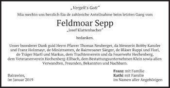 Traueranzeige von Feldmoar Sepp von merkurtz