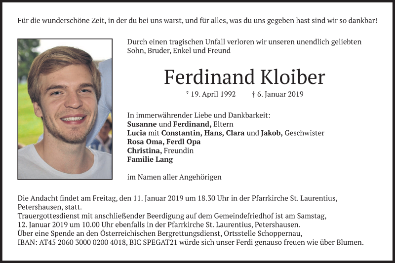  Traueranzeige für Ferdinand Kloiber vom 09.01.2019 aus merkurtz
