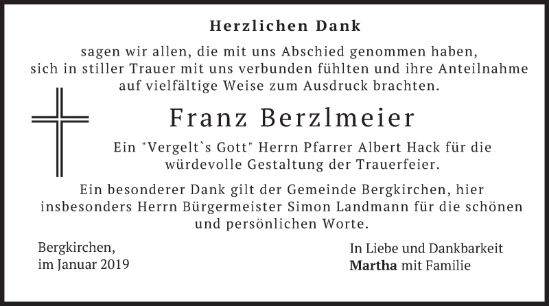  Traueranzeige für Franz Berzlmeier vom 19.01.2019 aus merkurtz