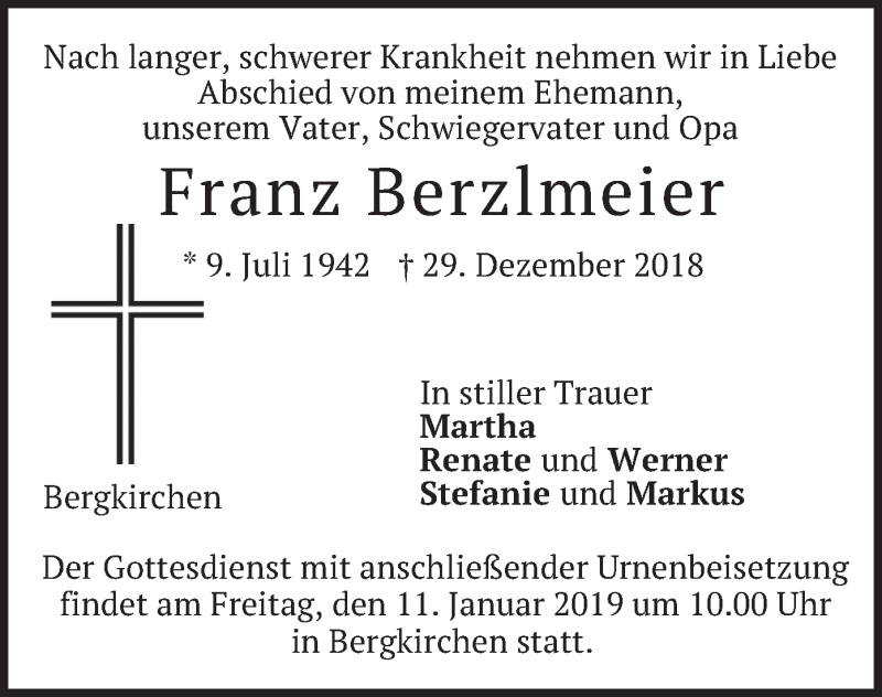  Traueranzeige für Franz Berzlmeier vom 05.01.2019 aus merkurtz