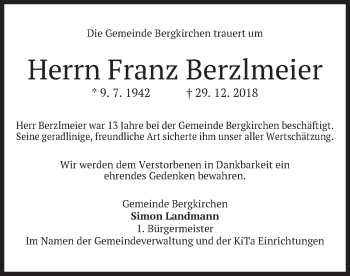 Traueranzeige von Franz Berzlmeier von merkurtz