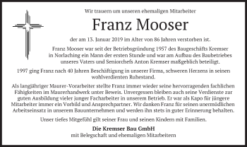 Traueranzeige von Franz Mooser von merkurtz