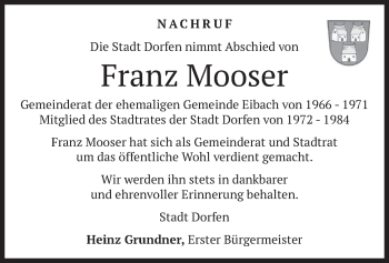Traueranzeige von Franz Mooser von merkurtz