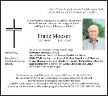 Traueranzeige von Franz Mooser von merkurtz