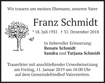 Traueranzeige von Franz Schmidt von merkurtz