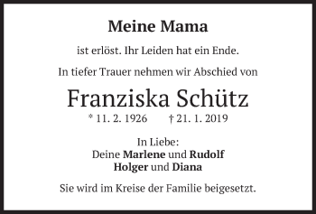 Traueranzeige von Franziska Schütz von merkurtz