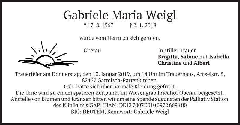  Traueranzeige für Gabriele Maria Weigl vom 05.01.2019 aus merkurtz