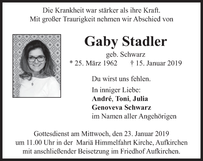  Traueranzeige für Gaby Stadler vom 19.01.2019 aus merkurtz