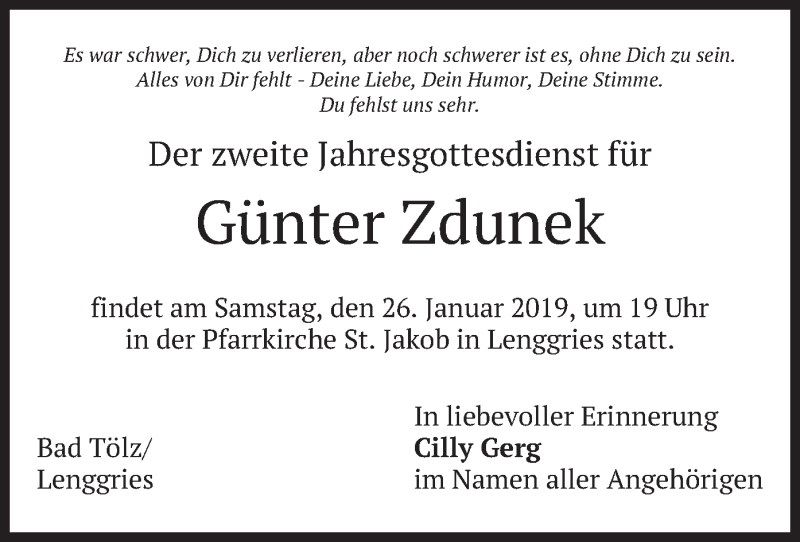  Traueranzeige für Günter Zdunek vom 25.01.2019 aus merkurtz