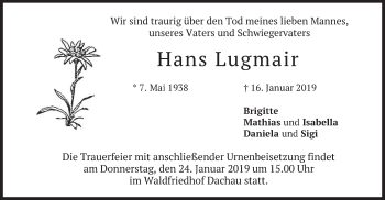 Traueranzeige von Hans Lugmair von merkurtz