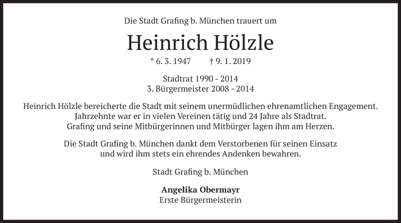  Traueranzeige für Heinrich Hölzle vom 12.01.2019 aus merkurtz