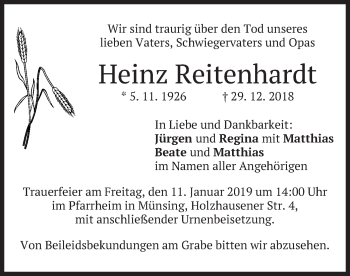 Traueranzeige von Heinz Reitenhardt von merkurtz