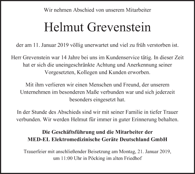  Traueranzeige für Helmut Grevenstein vom 17.01.2019 aus merkurtz