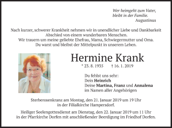 Traueranzeige von Hermine Krank von merkurtz