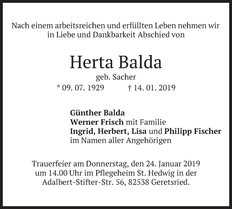  Traueranzeige für Herta Balda vom 19.01.2019 aus merkurtz