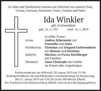 Traueranzeige von Ida Winkler von merkurtz
