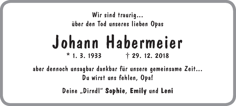  Traueranzeige für Johann Habermeier vom 02.01.2019 aus merkurtz