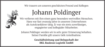 Traueranzeige von Johann Poldinger von merkurtz