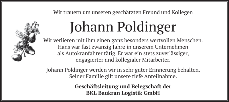  Traueranzeige für Johann Poldinger vom 11.01.2019 aus merkurtz