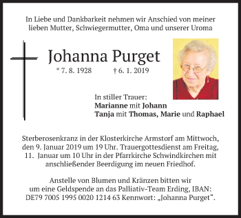 Traueranzeige von Johanna Purget von merkurtz