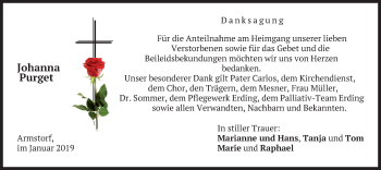Traueranzeige von Johanna Purget von merkurtz
