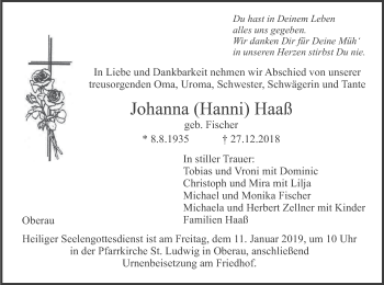 Traueranzeige von Johanna Hanni Haaß von merkurtz