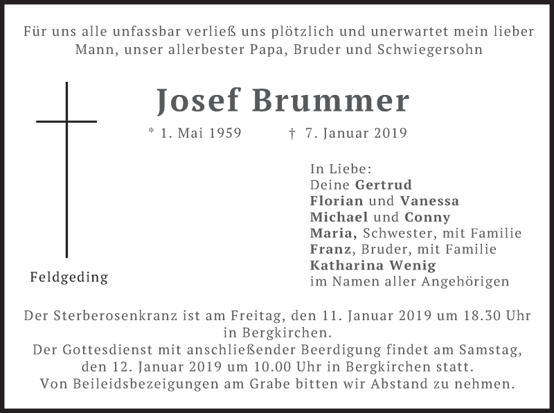  Traueranzeige für Josef Brummer vom 10.01.2019 aus merkurtz
