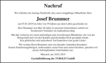 Traueranzeige von Josef Brummer von merkurtz