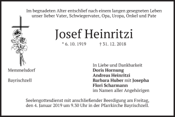 Traueranzeige von Josef Heinritzi von merkurtz