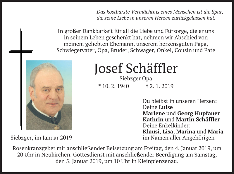 Traueranzeigen von Josef Schäffler | trauer.merkur.de