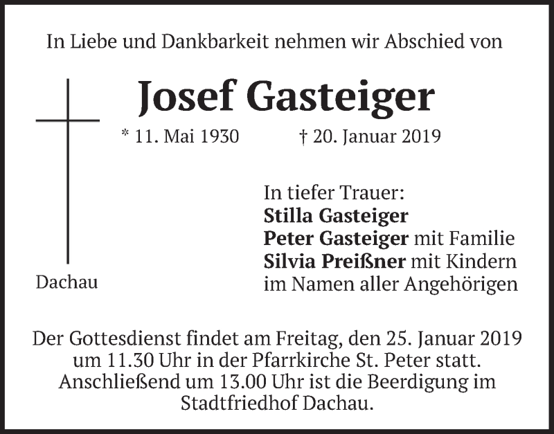  Traueranzeige für Josef gasteiger vom 23.01.2019 aus merkurtz