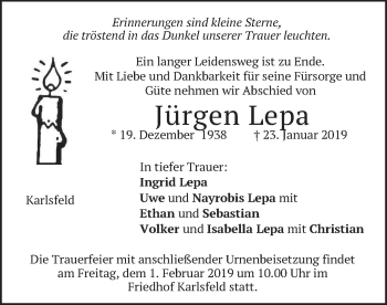 Traueranzeige von Jürgen Lepa von merkurtz