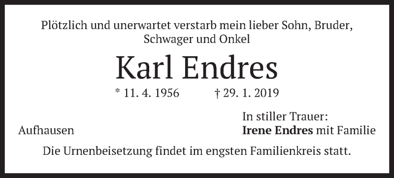  Traueranzeige für Karl Endres vom 31.01.2019 aus merkurtz