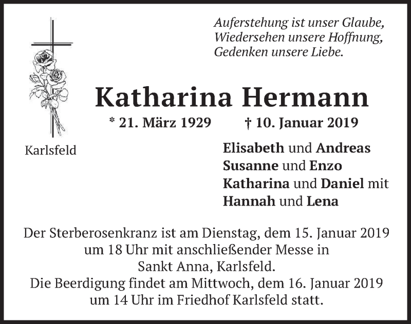  Traueranzeige für Katharina Hermann vom 15.01.2019 aus merkurtz