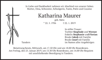 Traueranzeige von Katharina Maurer von merkurtz