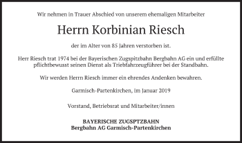 Traueranzeige von Korbinian Riesch von merkurtz