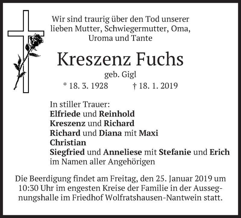  Traueranzeige für Kreszenz Fuchs vom 23.01.2019 aus merkurtz