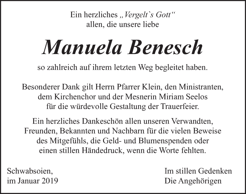  Traueranzeige für Manuela Benesch vom 05.01.2019 aus merkurtz