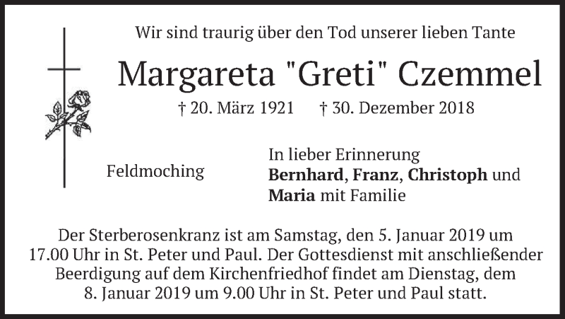  Traueranzeige für Margareta Czemmel vom 04.01.2019 aus merkurtz