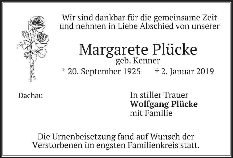  Traueranzeige für Margarete Plücke vom 19.01.2019 aus merkurtz