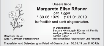 Traueranzeige von Margarete Elise Rösner von merkurtz