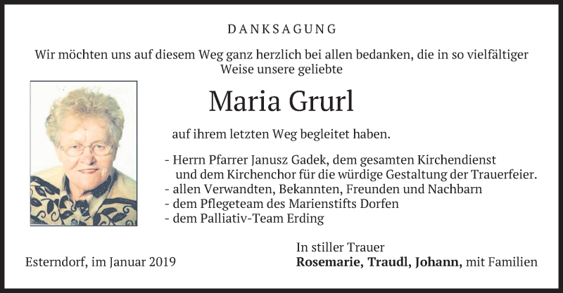  Traueranzeige für Maria Grurl vom 12.01.2019 aus merkurtz