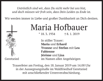 Traueranzeige von Maria Hofbauer von merkurtz