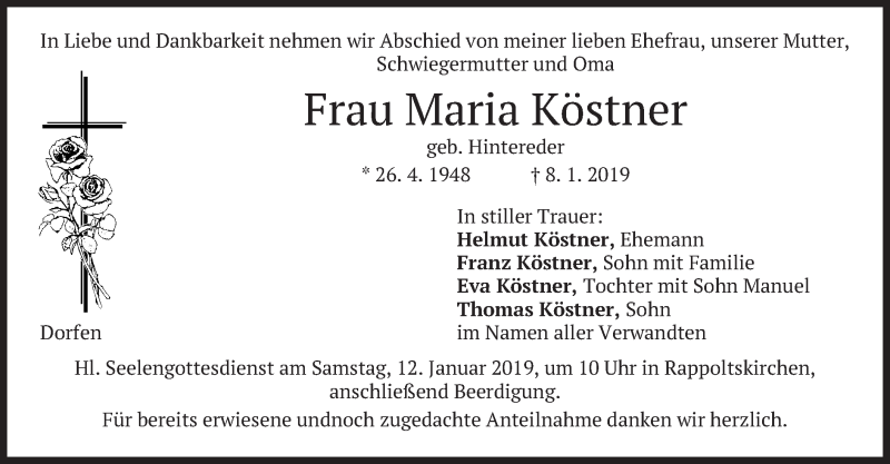  Traueranzeige für Maria Köstner vom 10.01.2019 aus merkurtz