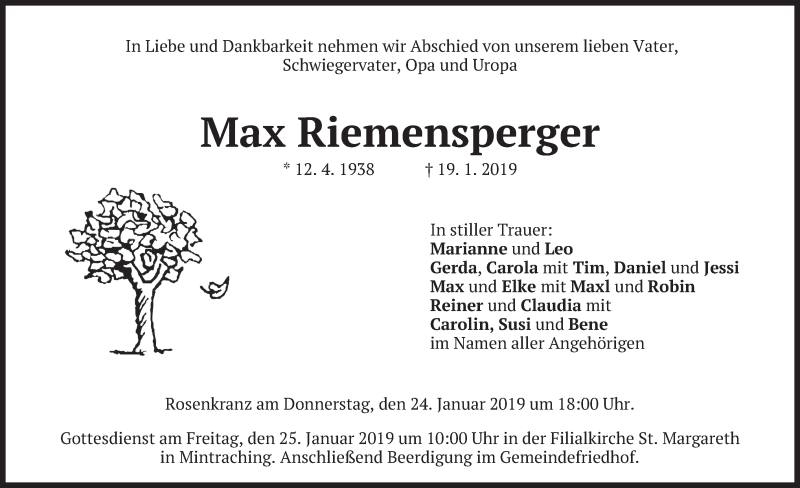  Traueranzeige für Max Riemensperger vom 23.01.2019 aus merkurtz