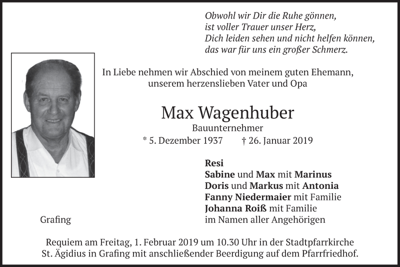  Traueranzeige für Max Wagenhuber vom 30.01.2019 aus merkurtz