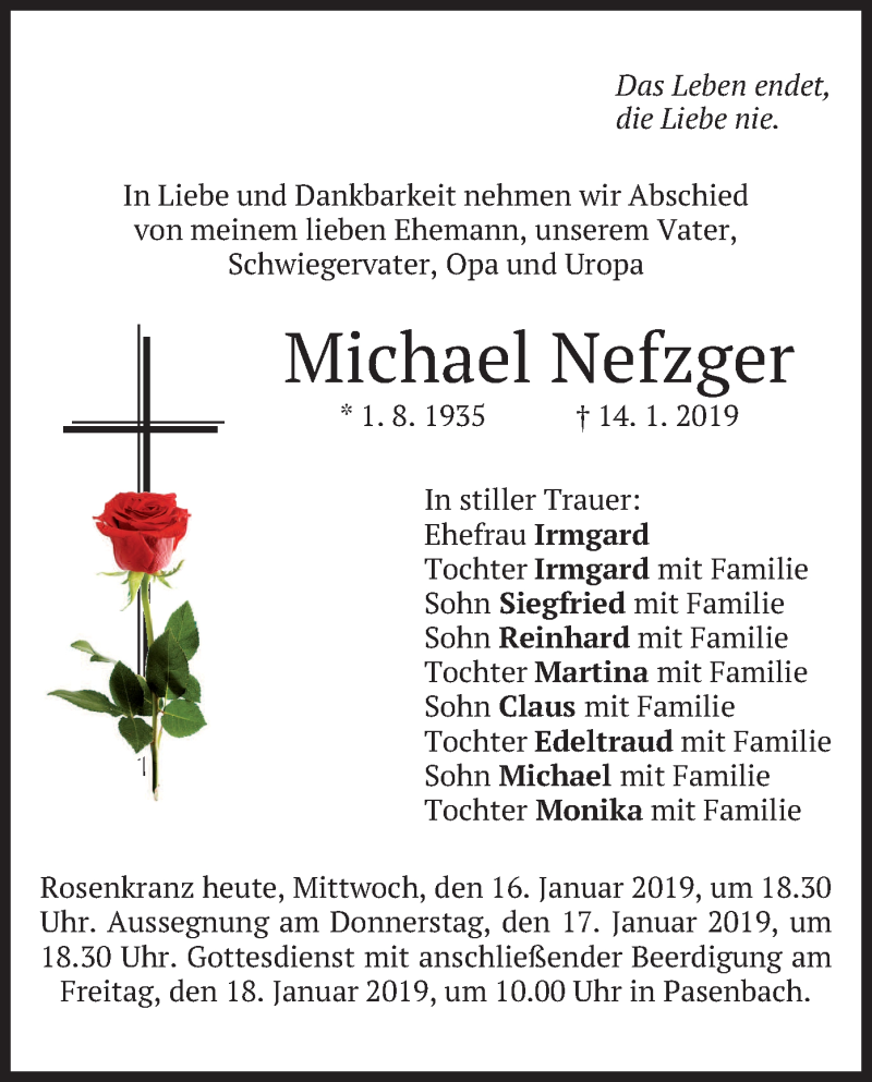  Traueranzeige für Michael Nefzger vom 16.01.2019 aus merkurtz