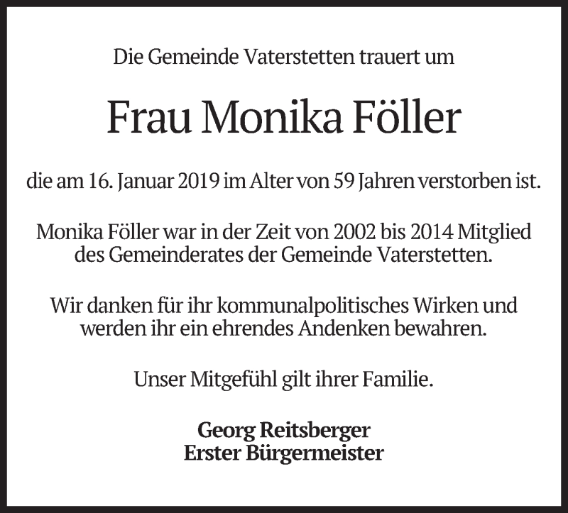  Traueranzeige für Monika Föller vom 26.01.2019 aus merkurtz
